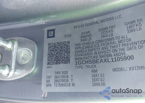 2020 Chevrolet Colorado 2Wd Long Box Wt из США, поврежденный, VIN 1GCHSBEAXL1105900